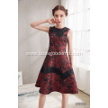 2021 New Latest Design Round Neck Dark Red Printed Party Dress A-line Sleeveless Hand make Beading Flower Printed Evening Gown